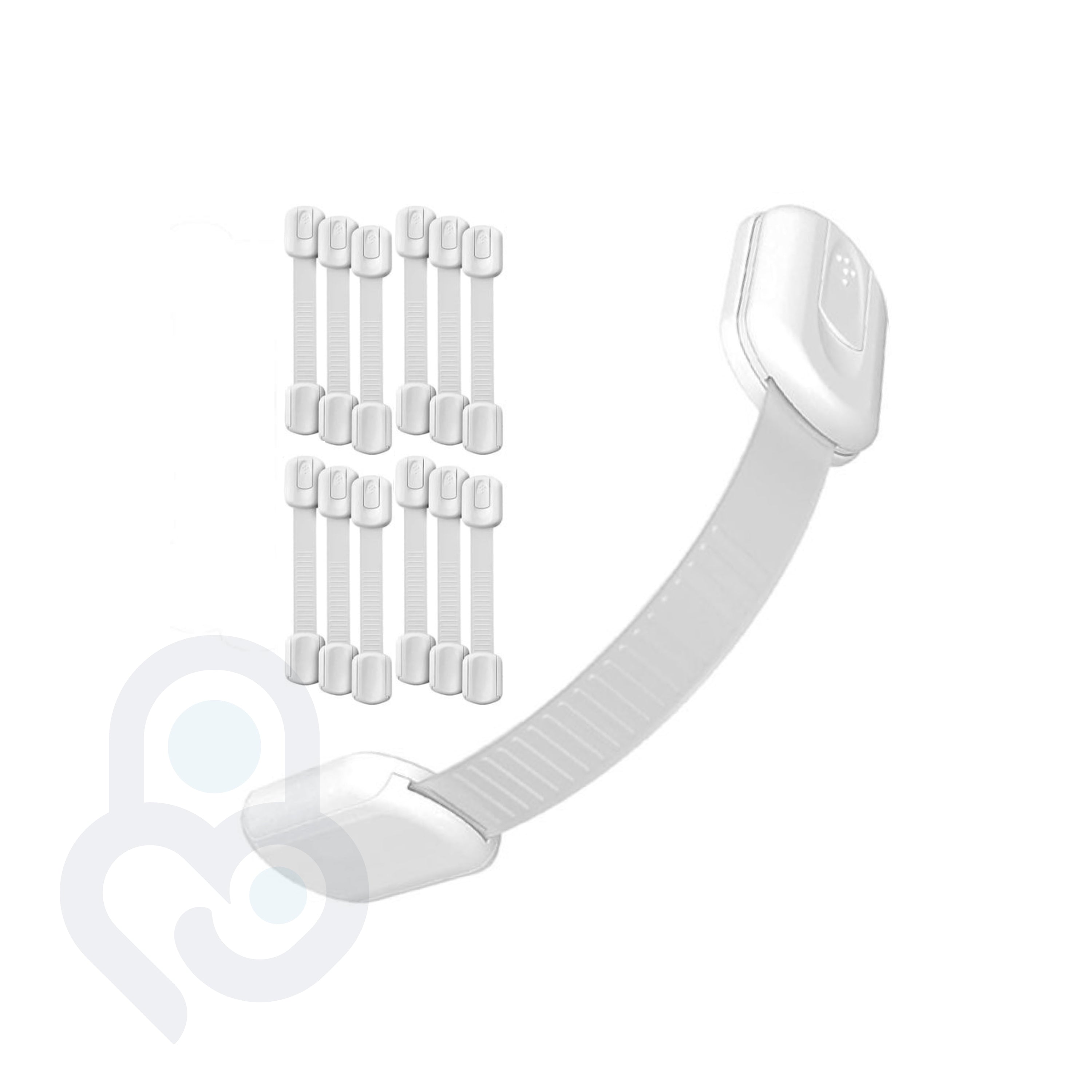 12-pack of white adjustable safety strap locks with one fully assembled strap showing ribbed band