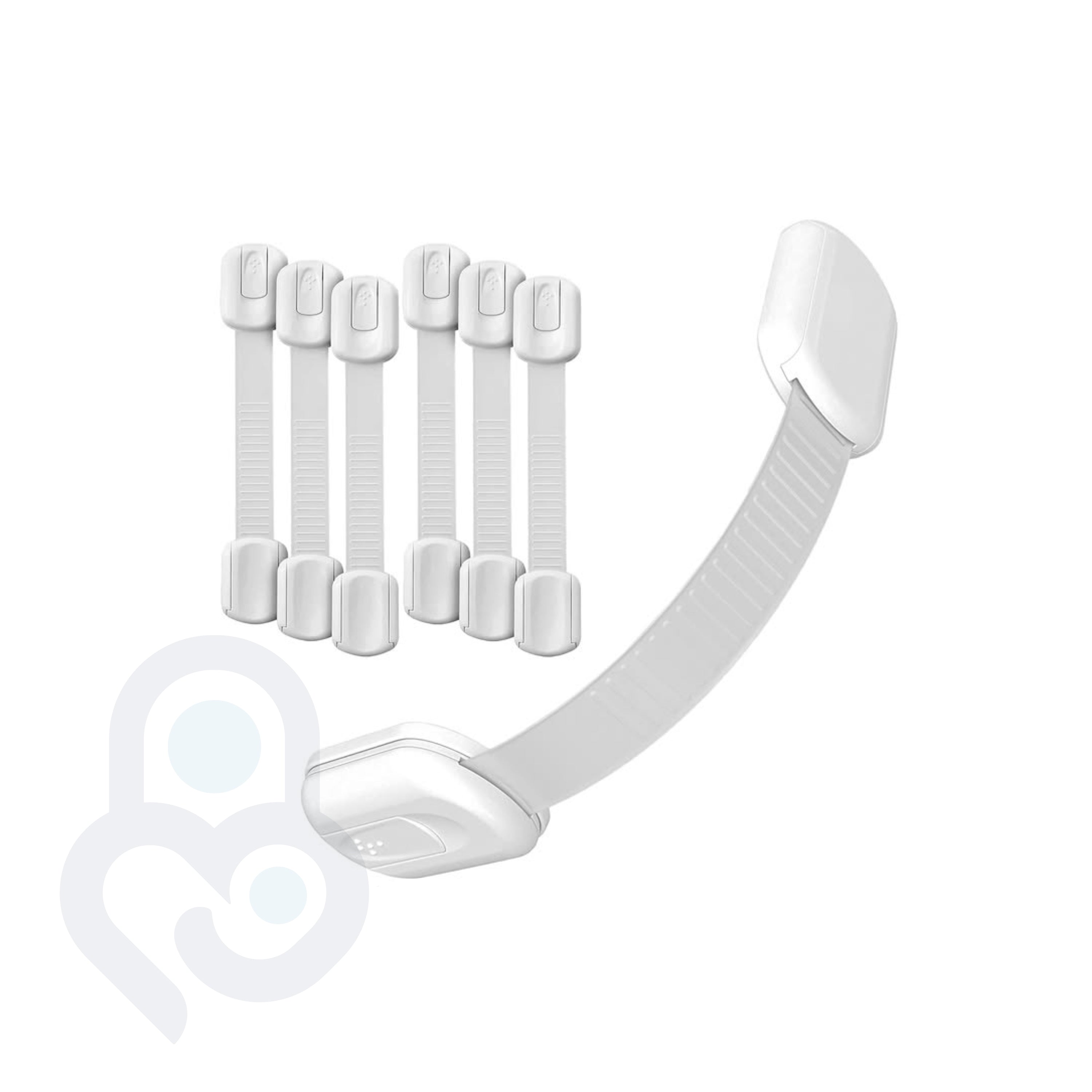 6-pack of white adjustable safety strap locks with 3M adhesive mounts, one shown fully extended