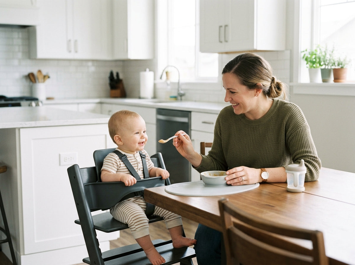 A baby buckled into a high chair harness is spoon-fed by a smiling parent at a kitchen table.