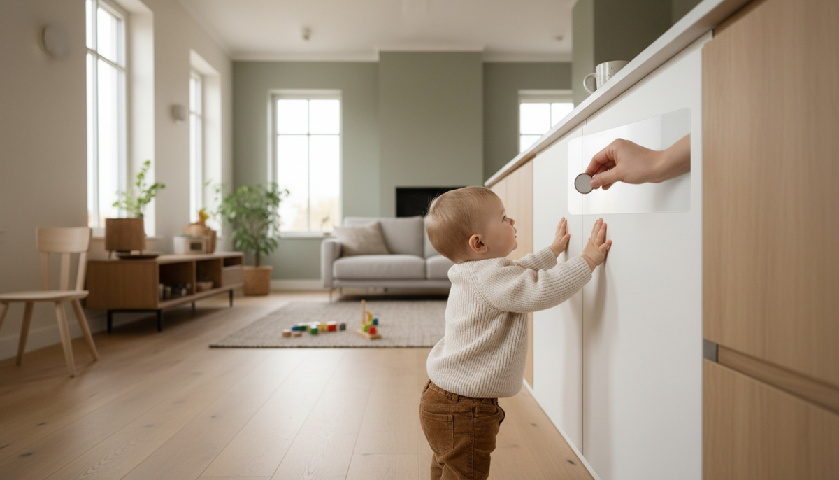 A toddler pushes on closed kitchen cabinet doors while an adult holds a round magnetic key to the door.