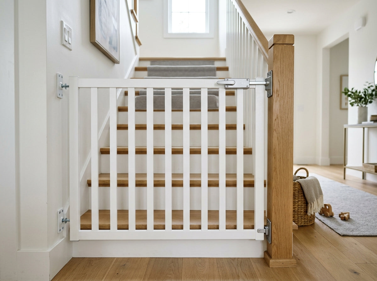 A white slatted baby gate across the foot of a staircase, fixed to screwed wall plates and latched to the newel post