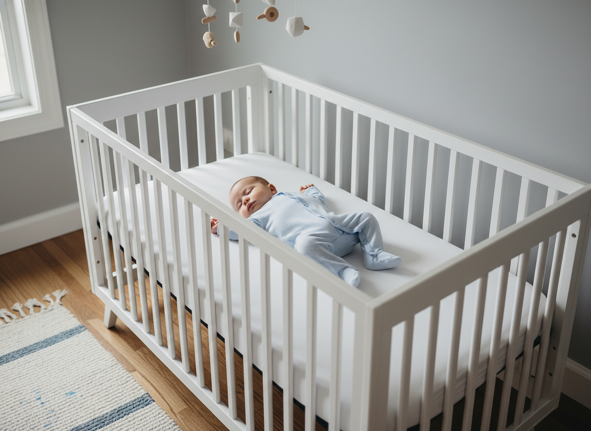 A baby in a footed sleeper sleeping on their back in a bare white crib with a firm mattress and fitted sheet