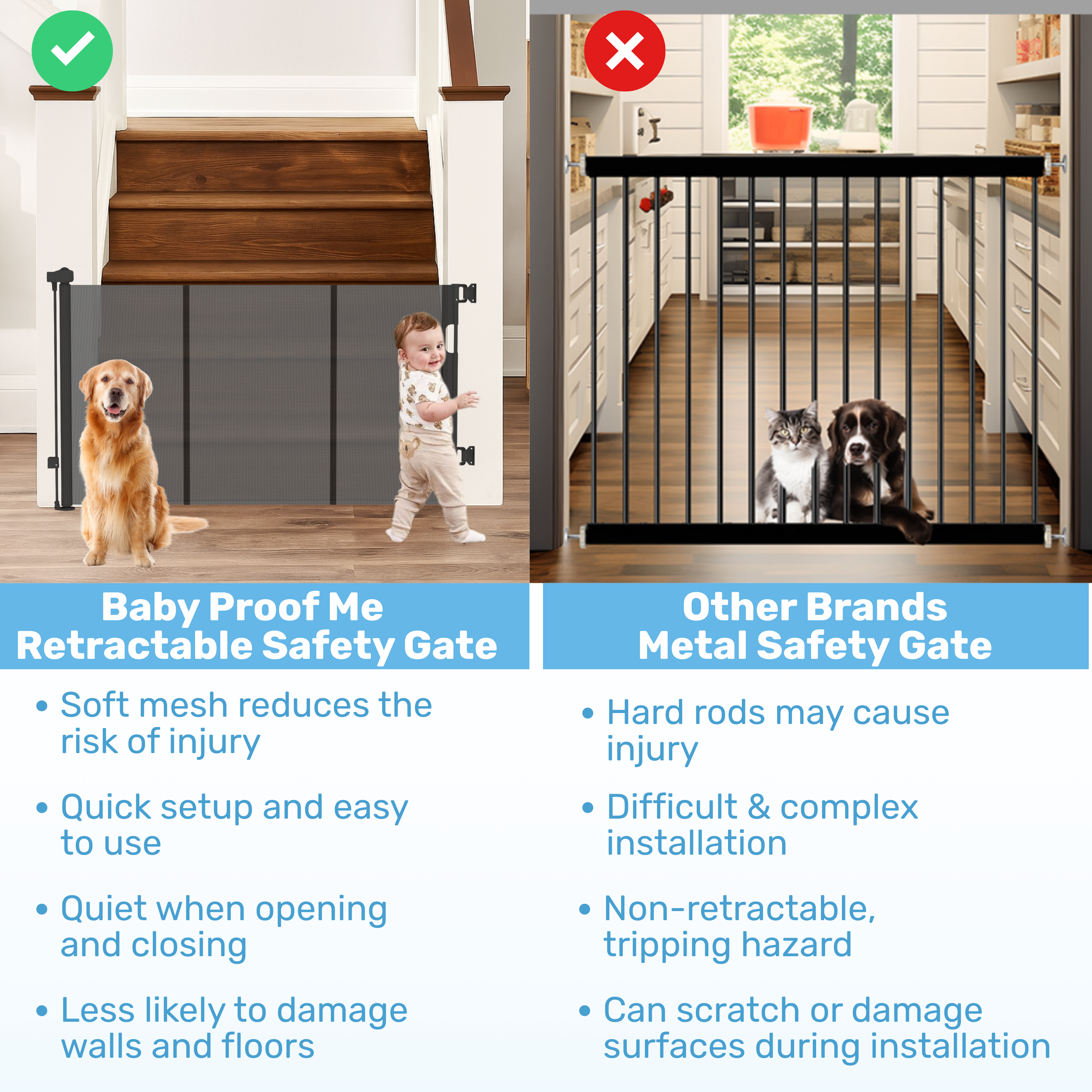 Soft mesh retractable baby gate vs. rigid metal gate side-by-side comparison with toddler and pets