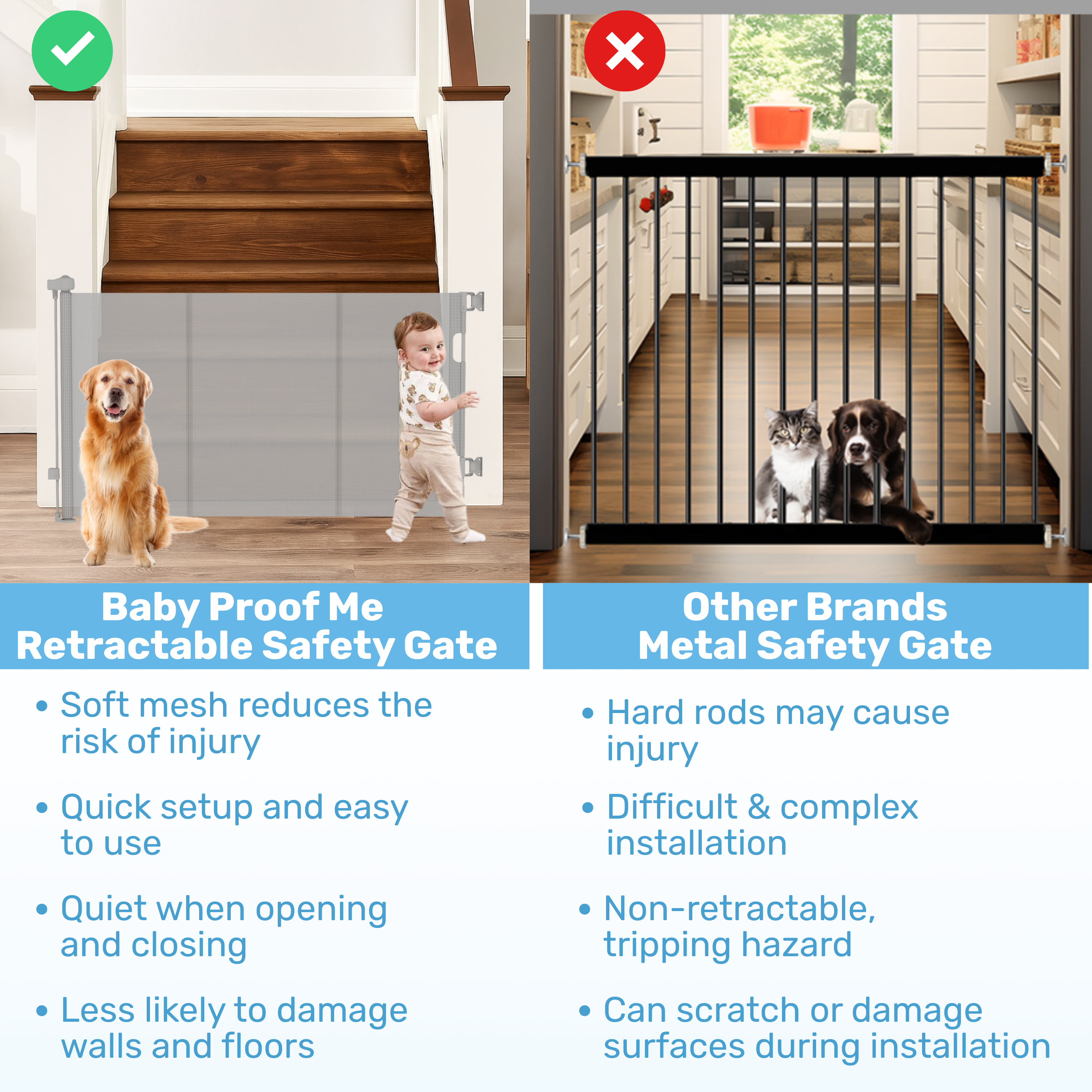 Soft mesh retractable baby gate vs. metal gate: toddler at stairs, pets blocked, injury-risk comparison chart