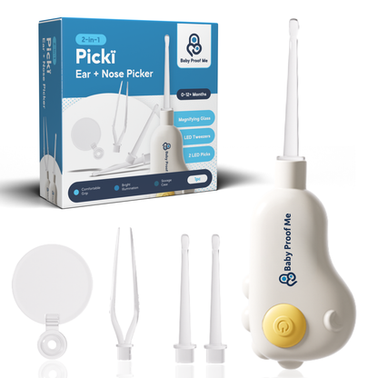 Baby Proof Me Pickï 2-in-1 baby nose & ear cleaner kit with LED tweezers, 2 picks, magnifying lens, retail box