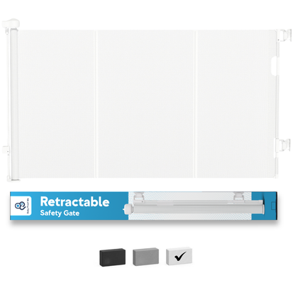 Baby Proof Me retractable mesh baby gate fully extended in white, with retail box and three color swatches