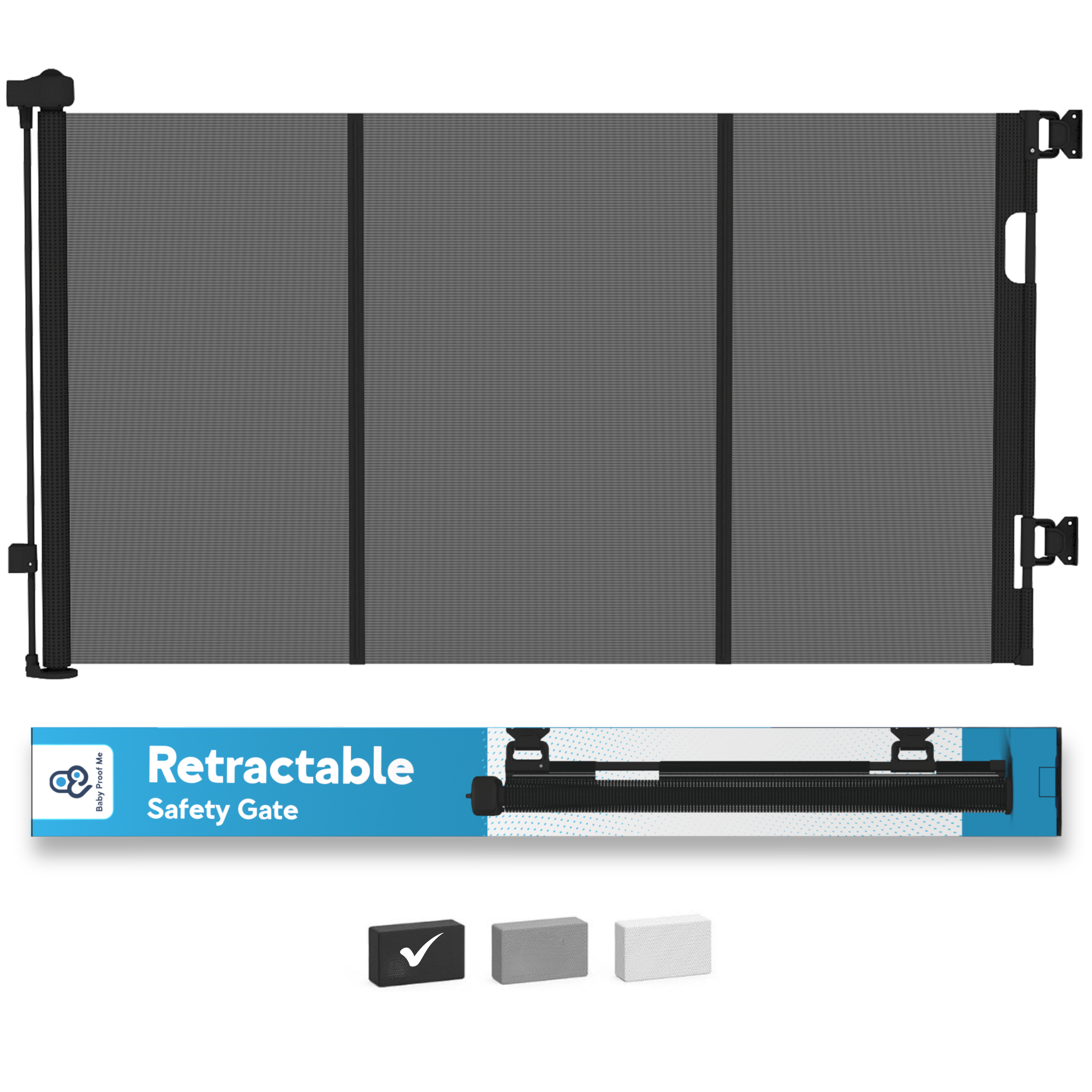 Baby Proof Me retractable mesh baby gate fully extended, shown with retail box and three color swatch options