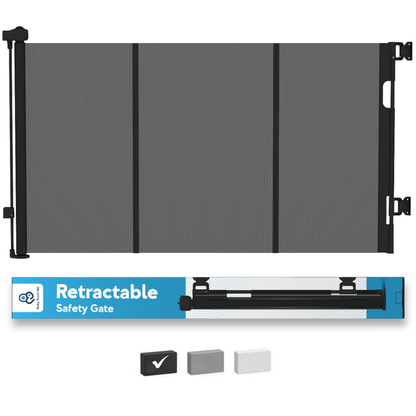 Baby Proof Me retractable mesh baby gate fully extended, shown with retail box and three color swatch options