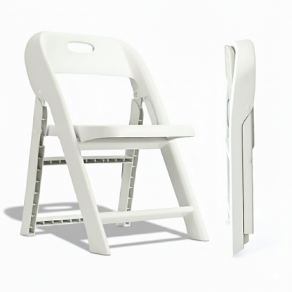 White kids folding chair shown open and folded flat, lightweight PP plastic with built-in backrest handle
