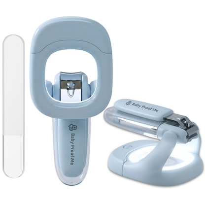 Blue baby nail clipper & glass filer set, two angles showing LED magnifier base lit and stainless blade