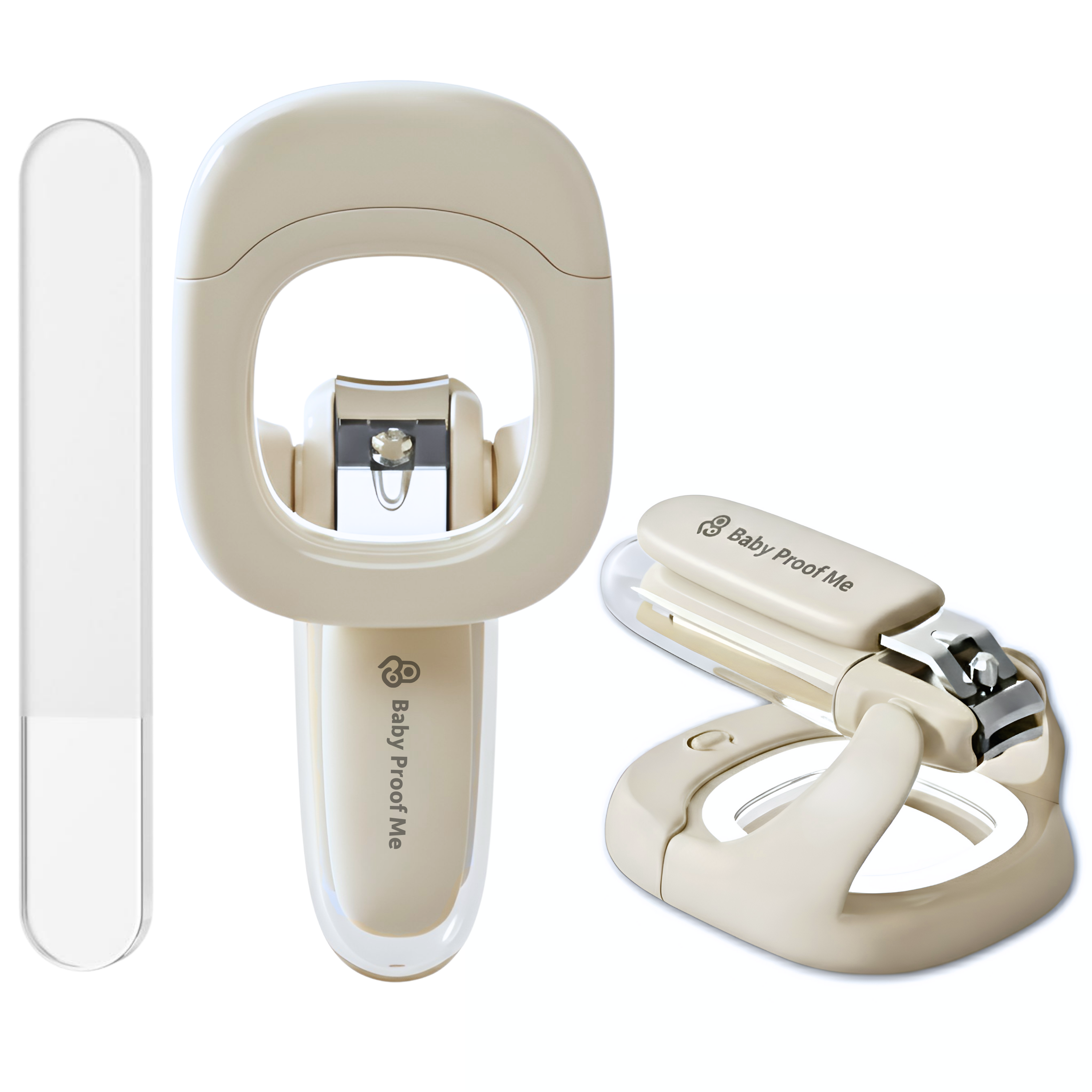 Baby Proof Me baby nail clipper set with glass nail filer, front and angled views showing magnifier handle