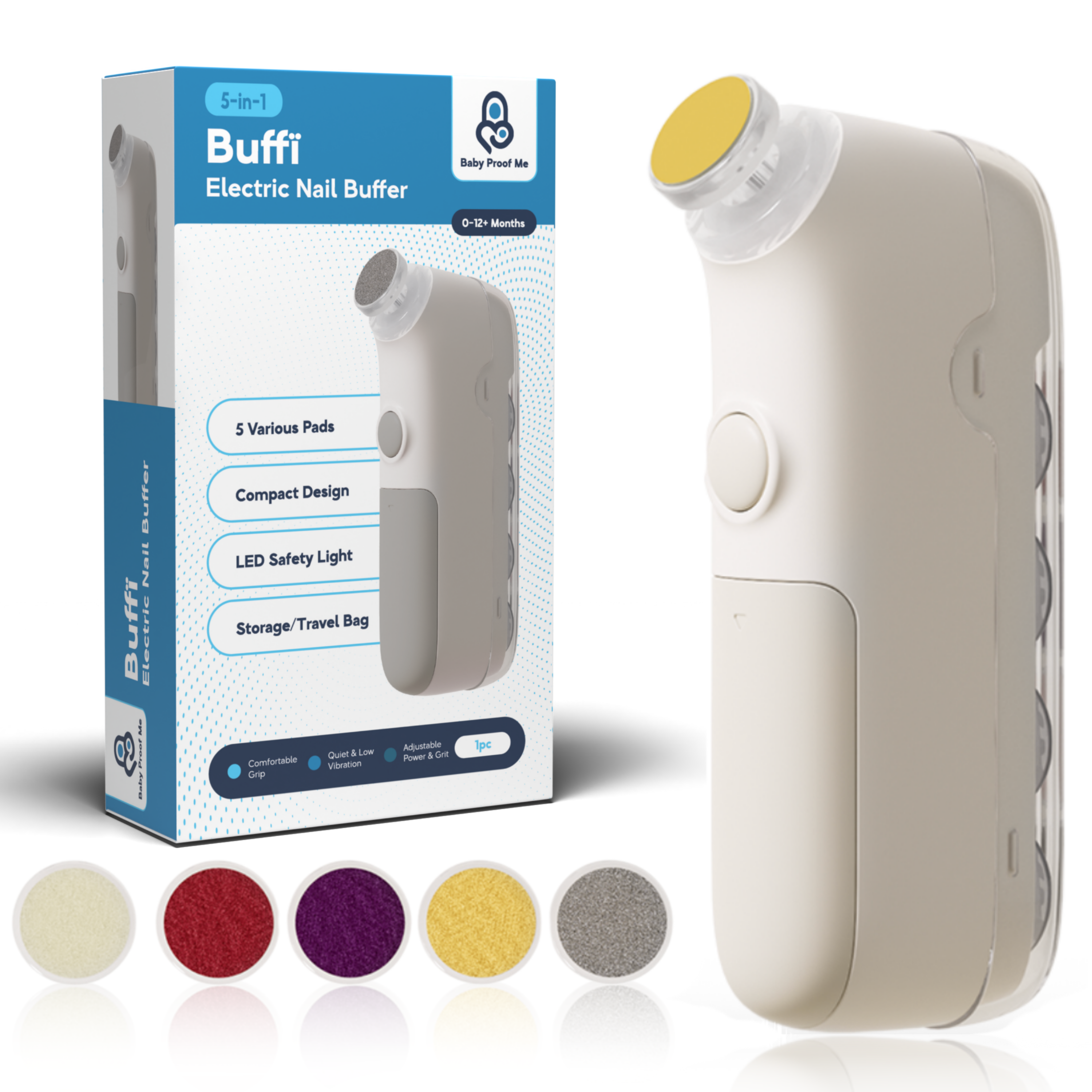 Buffi 5-in-1 Baby Nail Buffer in retail box beside device and 5 color-coded grit pads laid flat
