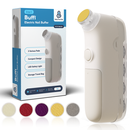 Buffi 5-in-1 Baby Nail Buffer in retail box beside device and 5 color-coded grit pads laid flat