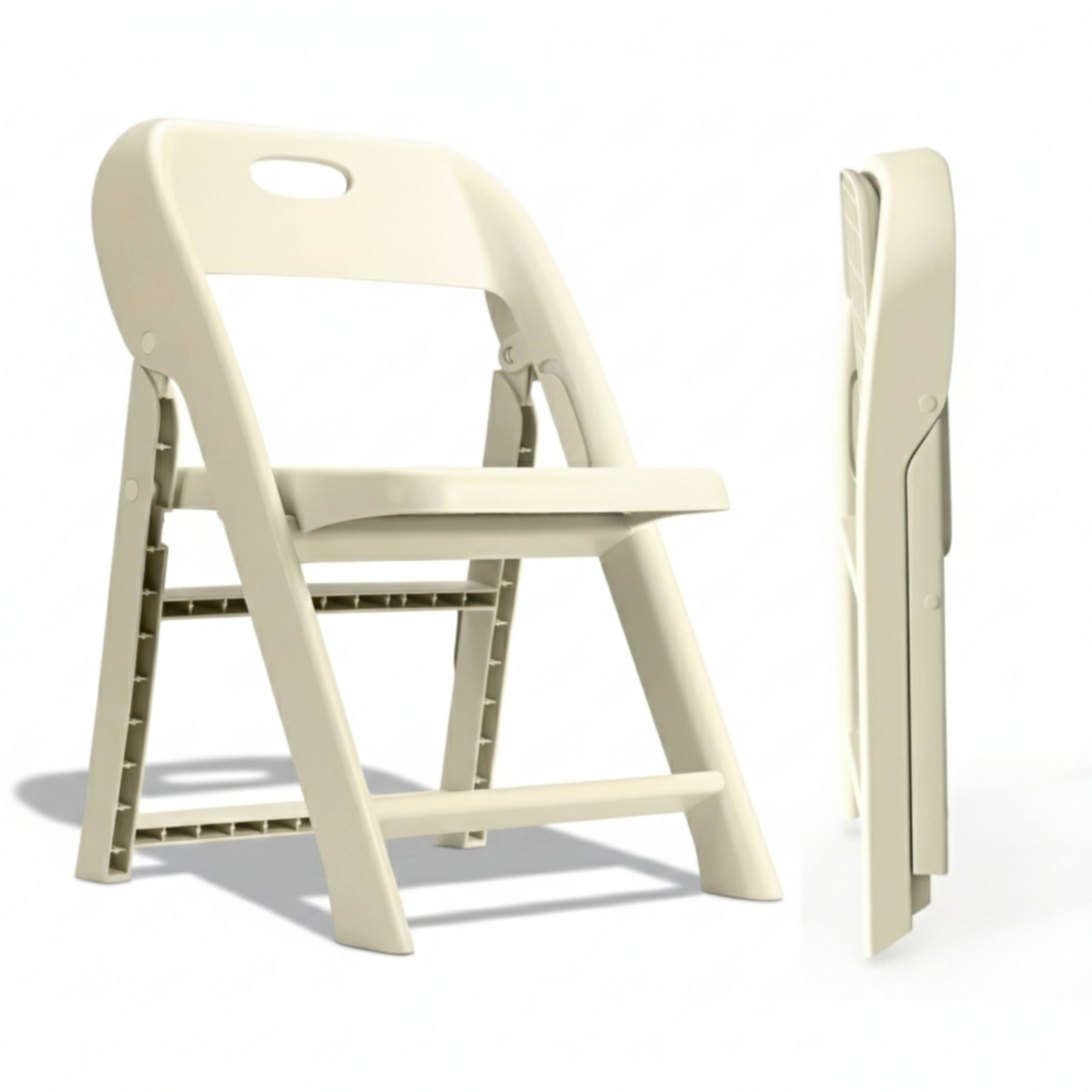 Cream kids folding chairs 2-pack shown open and folded flat, slim profile side view of fold-flat PP build