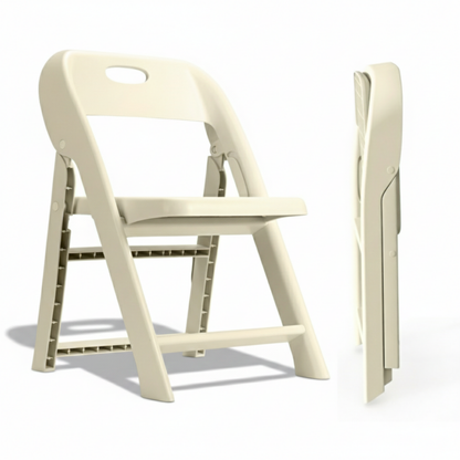 Cream kids folding chairs 2-pack shown open and folded flat, slim profile side view of fold-flat PP build