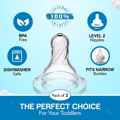 2-pack SkinSoft Silicone Nipples infographic: BPA-free, Level 2, dishwasher safe, fits narrow bottles