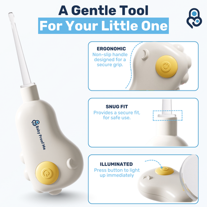 Infographic showing baby nose & ear cleaner ergonomic grip, snug-fit tip, and press-button LED light