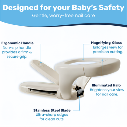 Baby nail clipper with magnifying glass, illuminated halo, and stainless steel blade callouts