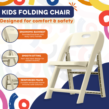 Kids folding chair product infographic with ergonomic backrest, non-skid seat, and reinforced frame detail callouts