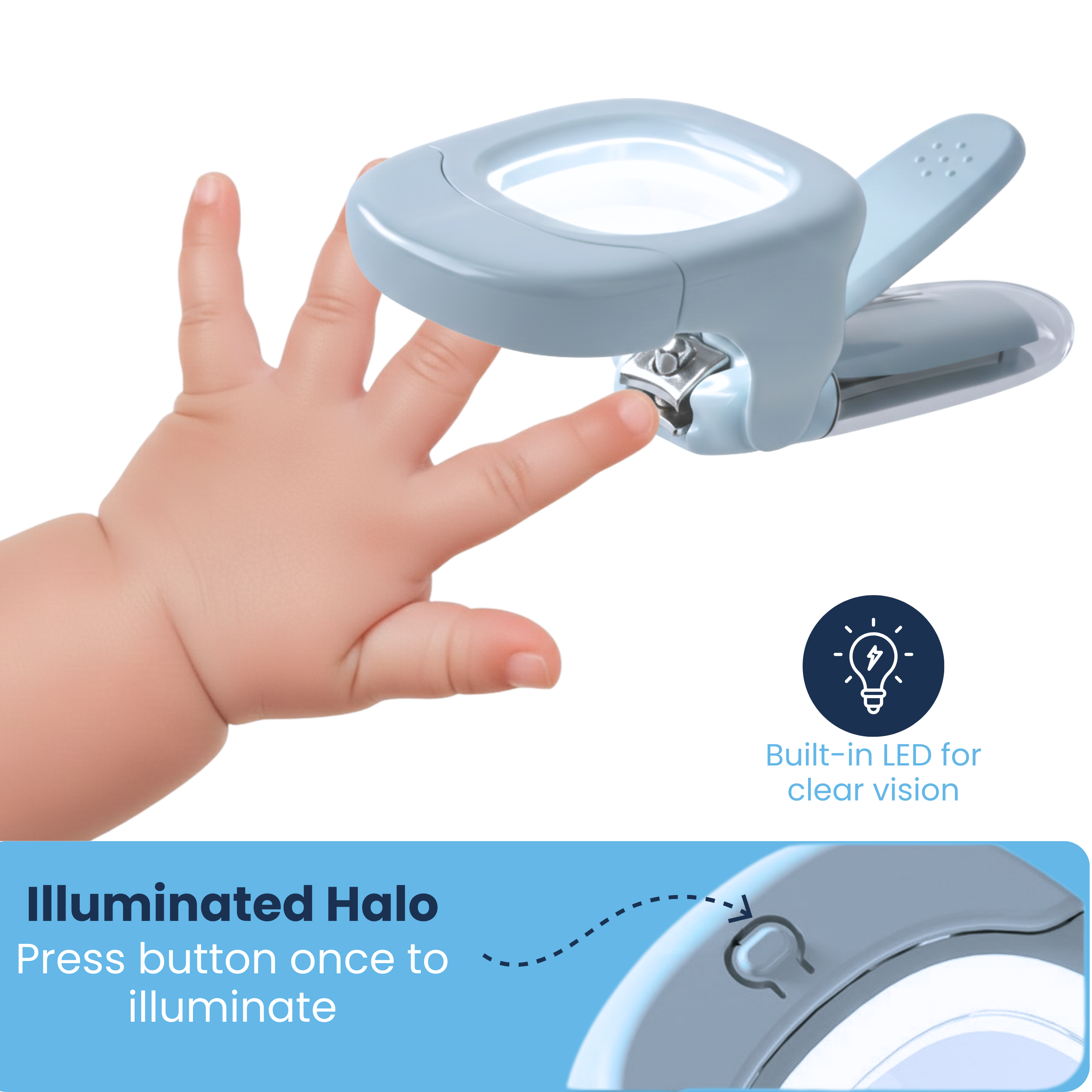 Blue baby nail clipper with built-in LED halo trimming toddler fingertip, press-button illuminate callout