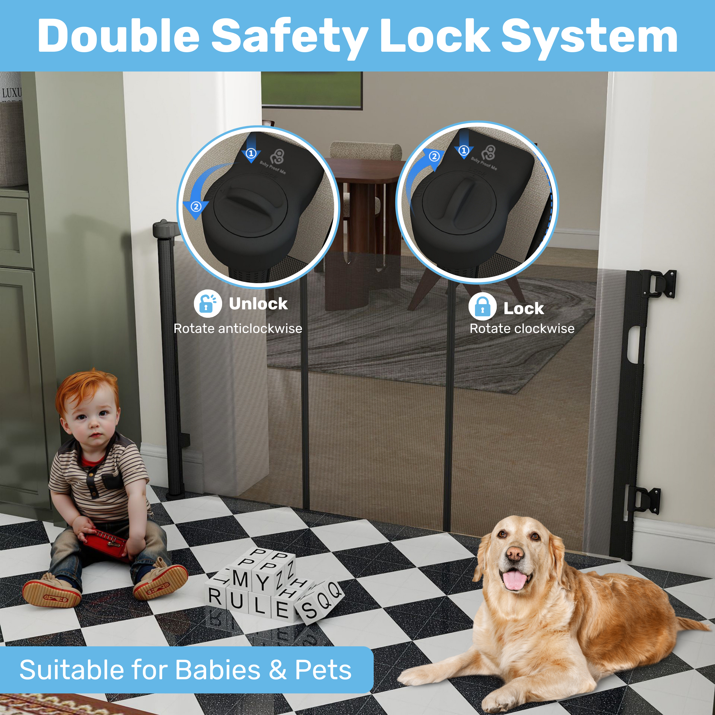 Retractable mesh baby gate double safety lock system: rotate clockwise to lock, anticlockwise to unlock