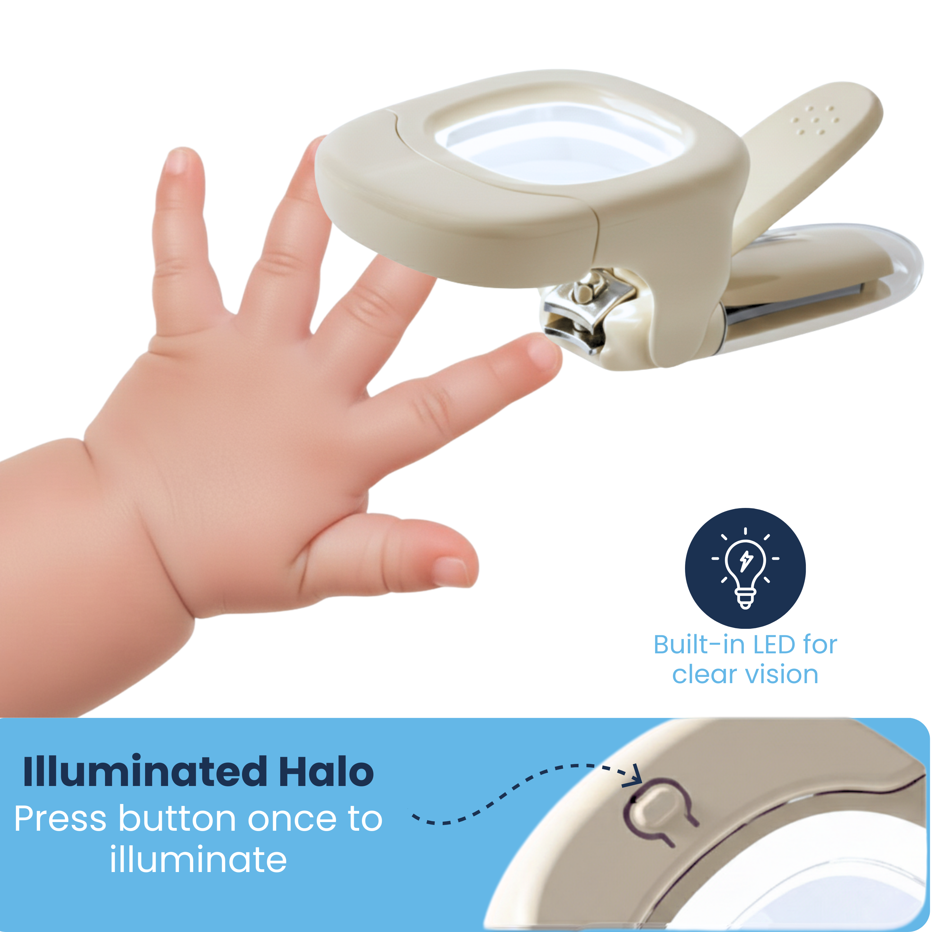 Baby nail clipper with built-in LED illuminated halo trimming a toddler's tiny fingernail