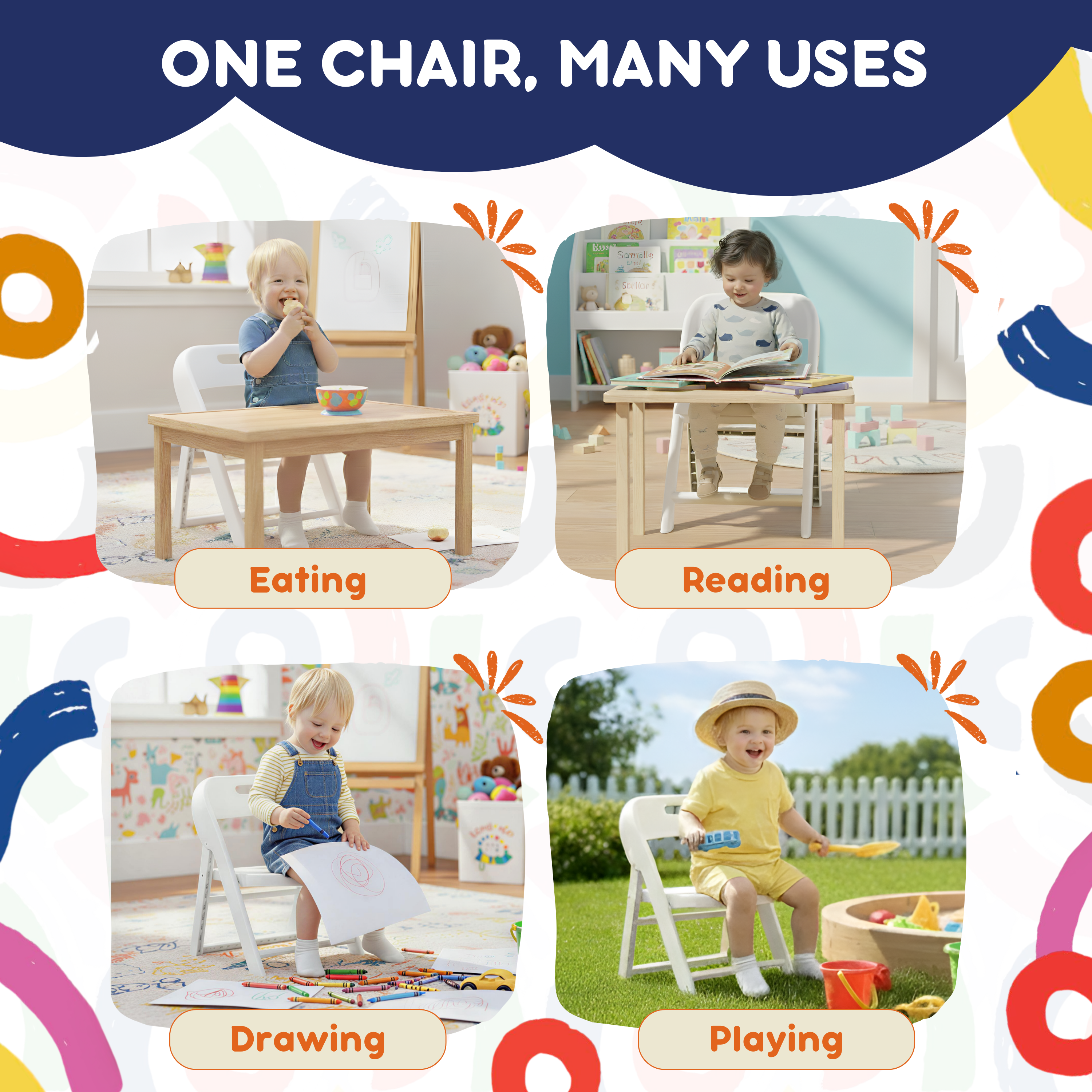 Four-scene collage of toddlers using kids folding chairs for eating, reading, drawing, and outdoor play
