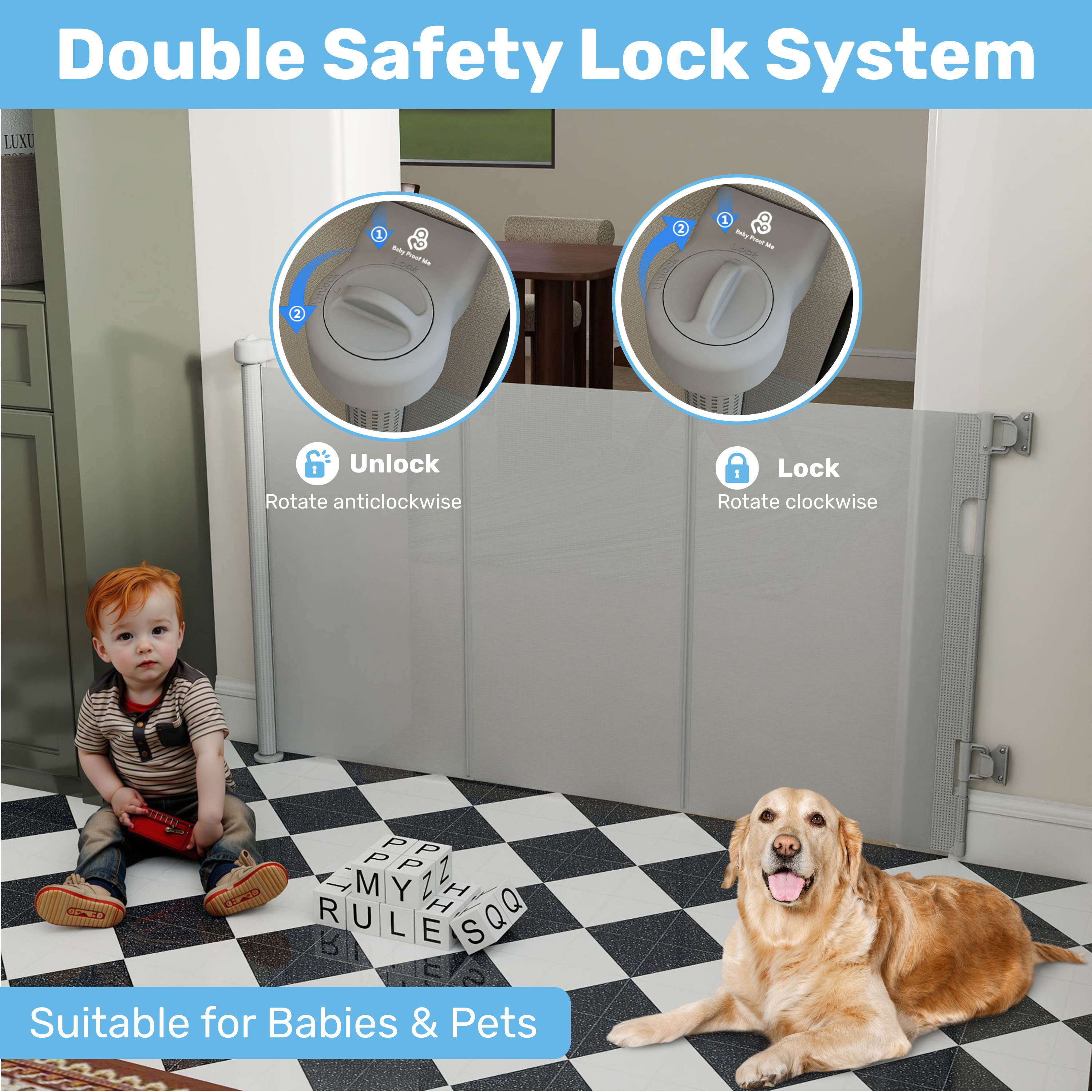 Toddler and golden retriever beside grey retractable mesh gate with dual rotate-to-lock knob closeups