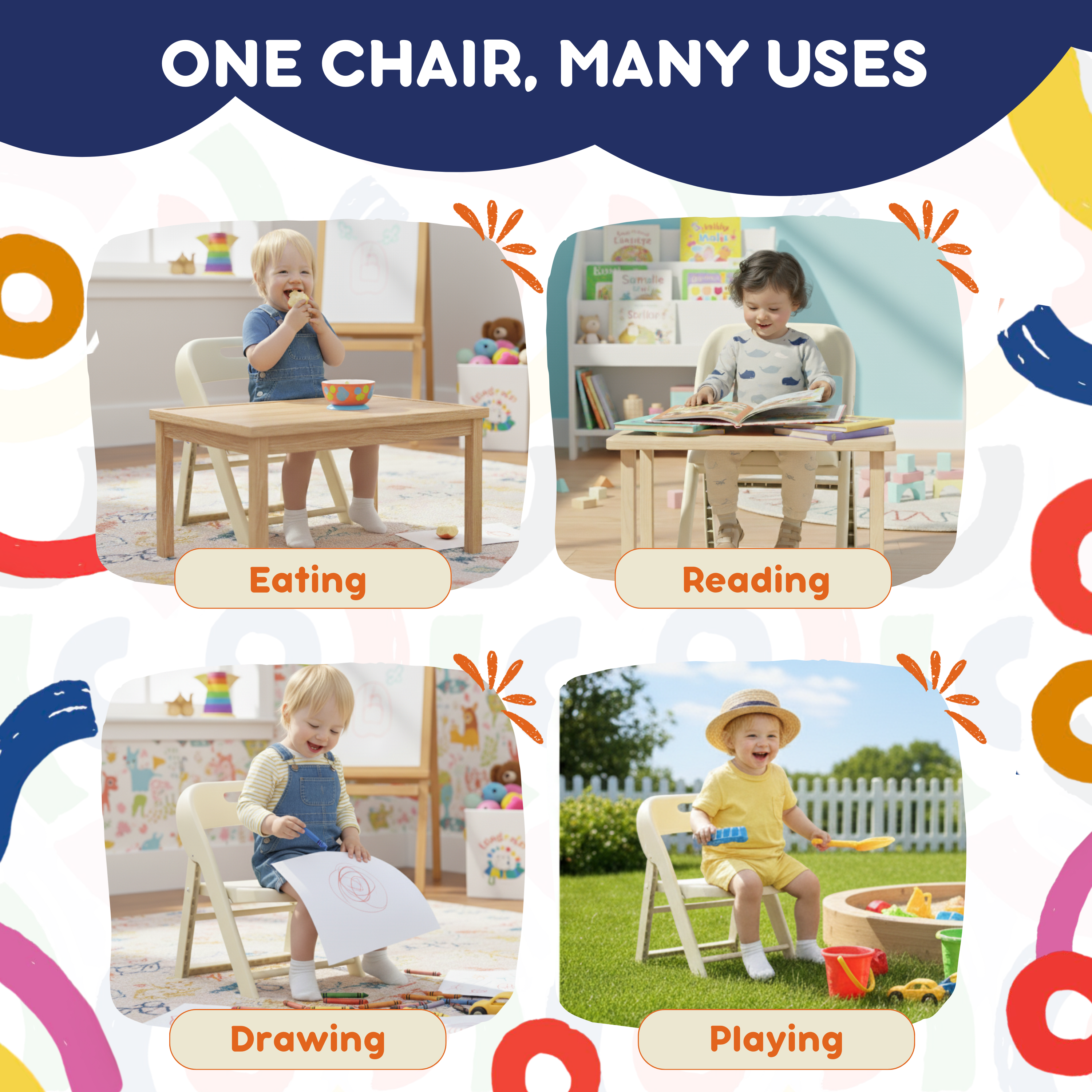 Four-panel lifestyle graphic showing toddlers using kids folding chairs for eating, reading, drawing, and yard play