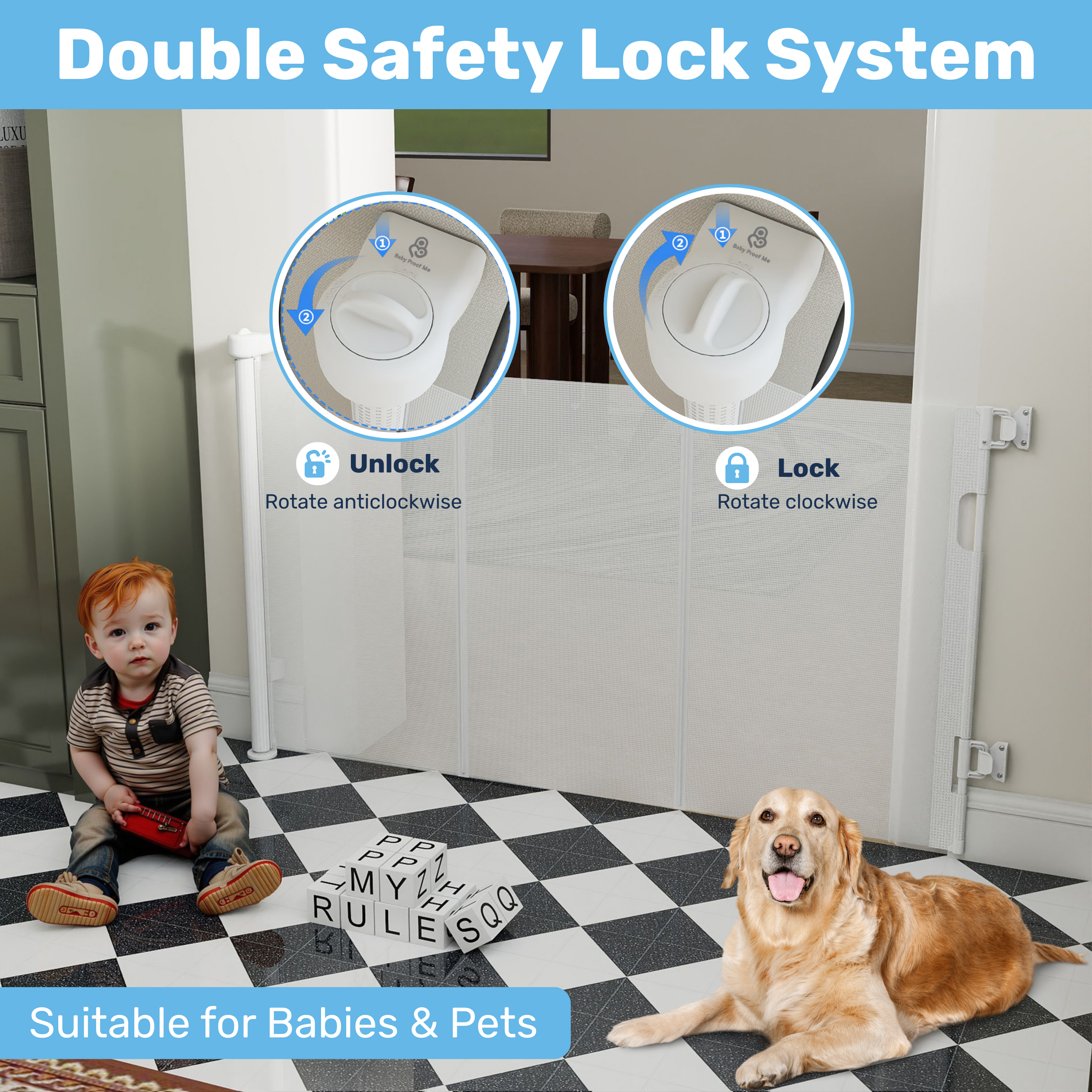 Toddler and golden retriever beside white retractable mesh gate, dual rotate-to-lock knob closeups on checkered floor