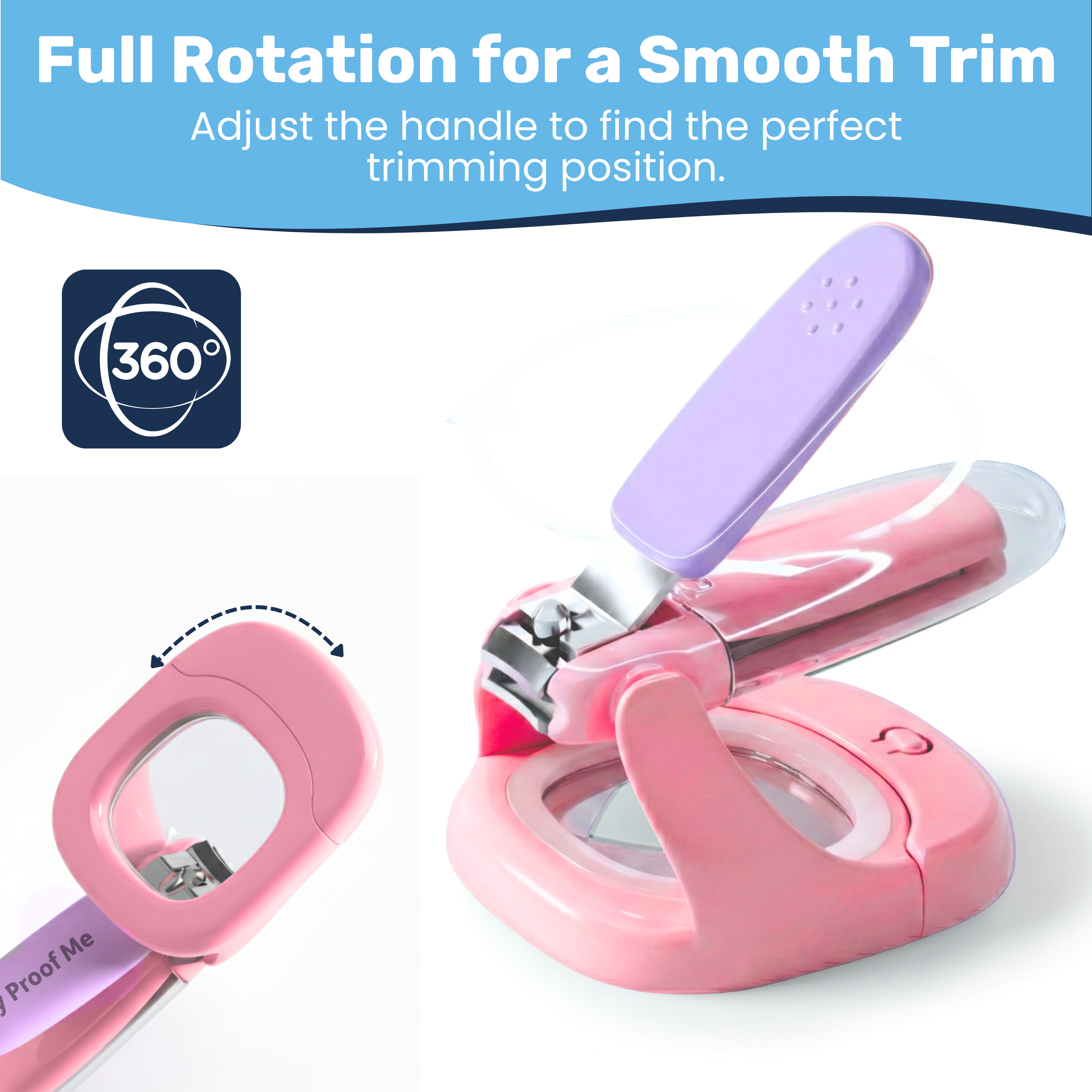 Pink baby nail clipper with 360° rotating handle callout, magnifier base and open purple grip shown