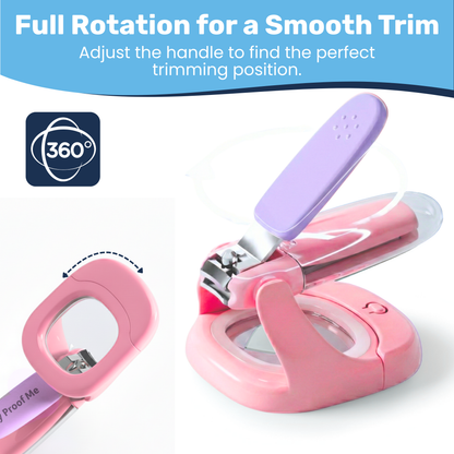 Pink baby nail clipper with 360° rotating handle callout, magnifier base and open purple grip shown