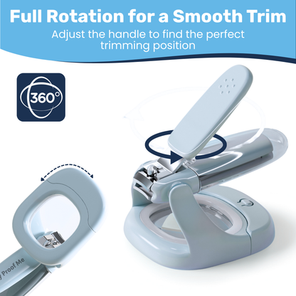 Blue baby nail clipper with 360° rotating handle diagram, magnifier base and open grip shown side by side