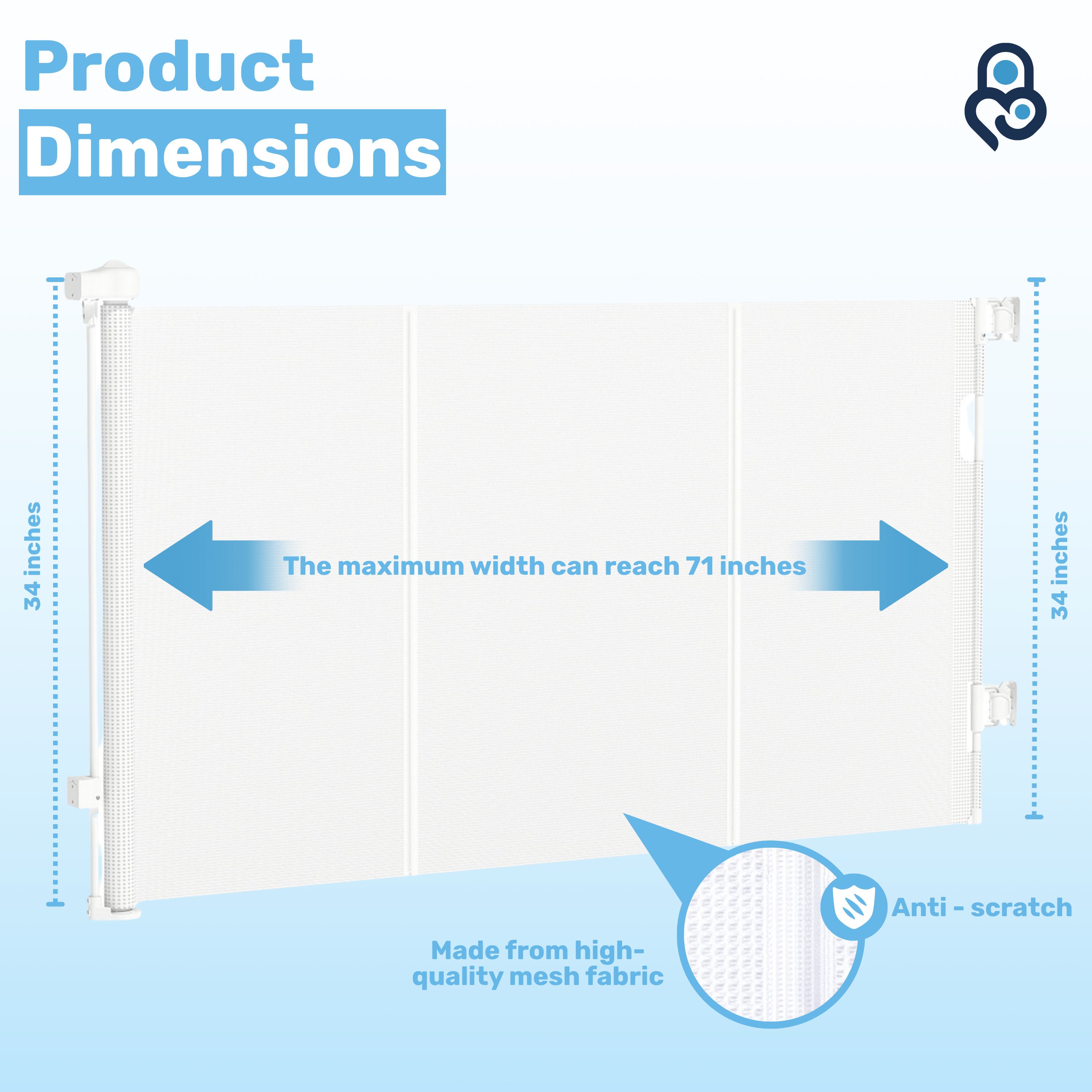 Retractable mesh baby gate dimensions diagram: 34 in tall, expands to 71 in wide, anti-scratch mesh