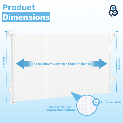 Retractable mesh baby gate dimensions diagram: 34 in tall, expands to 71 in wide, anti-scratch mesh