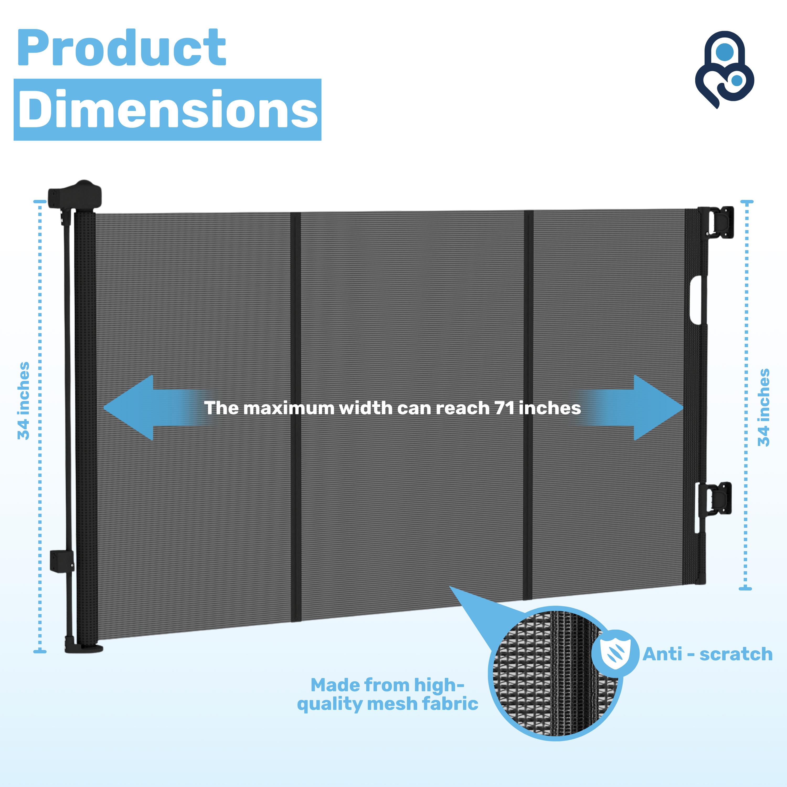 Retractable mesh baby gate dimensions diagram: 34 in tall, extends up to 71 in wide, anti-scratch mesh fabric