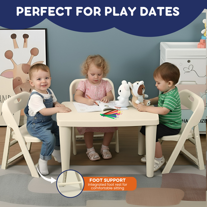 Three toddlers coloring and playing at cream table on kids folding chairs with integrated foot rest callout