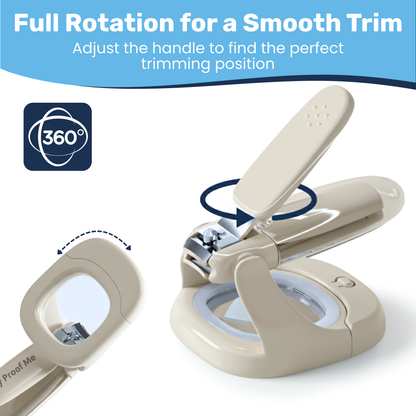 Baby nail clipper with 360-degree rotating handle shown open and closed, built-in magnifier base visible
