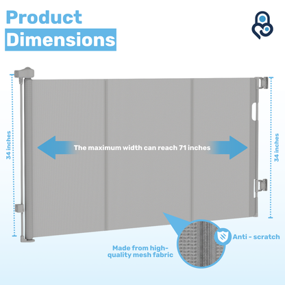 Retractable mesh baby gate dimensions: 34 in tall, extends to 71 in wide, anti-scratch mesh fabric closeup
