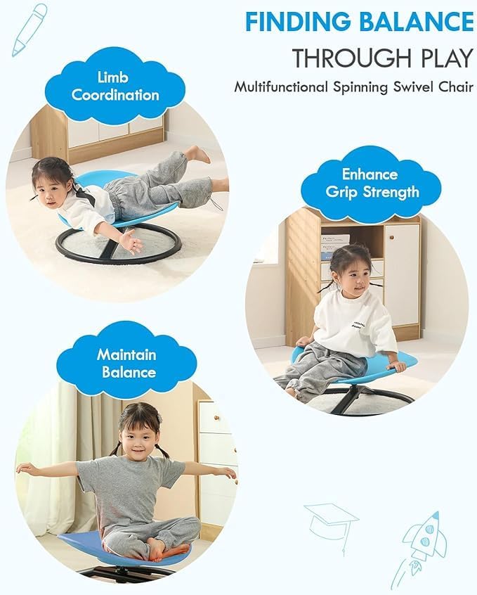 Three children using blue sensory spinning chair for limb coordination, grip strength, and balance training