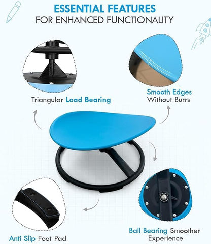 Blue kids wobble stool callouts: ball bearing swivel, anti-slip pad, and burr-free smooth edges