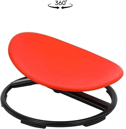 Red 360° sensory spinning chair tilted to show ball bearing swivel mechanism and padded teardrop seat