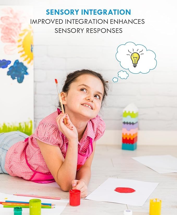 Girl lying on floor painting with pencil, thought bubble overhead, sensory play supports motor skill development