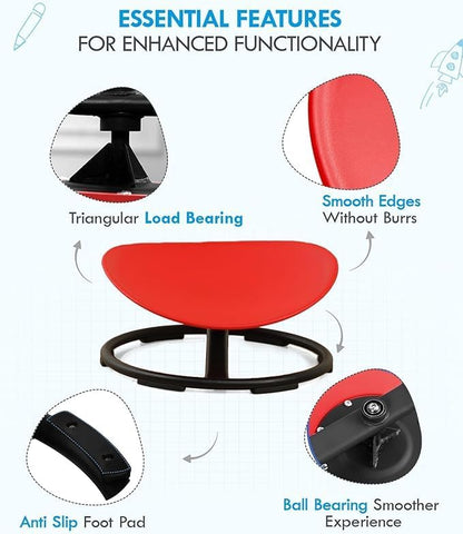 Red kids sensory spinning chair callouts: triangular load-bearing base, ball bearing swivel, anti-slip foot pad