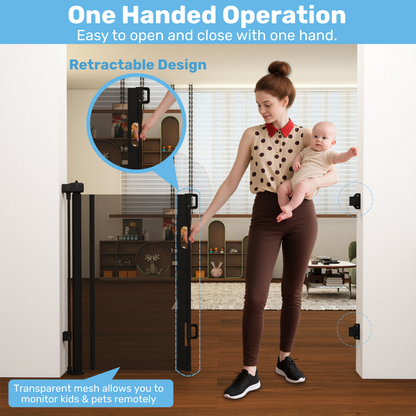 Parent holding baby unlatches retractable mesh baby gate one-handed in living room doorway