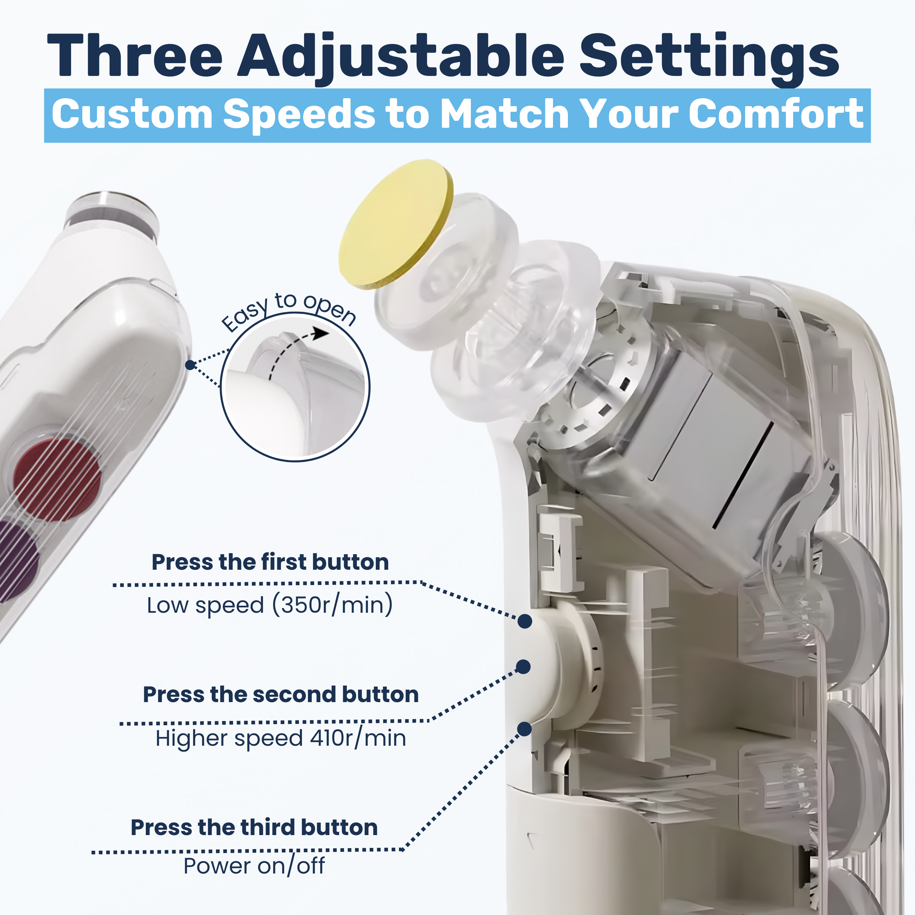Exploded diagram of baby nail buffer showing 3-speed settings: 350r/min, 410r/min, and power on/off