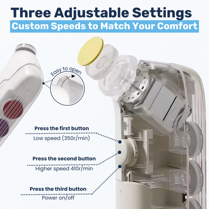 Exploded diagram of baby nail buffer showing 3-speed settings: 350r/min, 410r/min, and power on/off