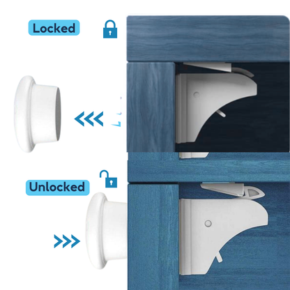 Locked vs unlocked diagram showing magnetic key releasing hidden drawer lock on blue wood cabinet