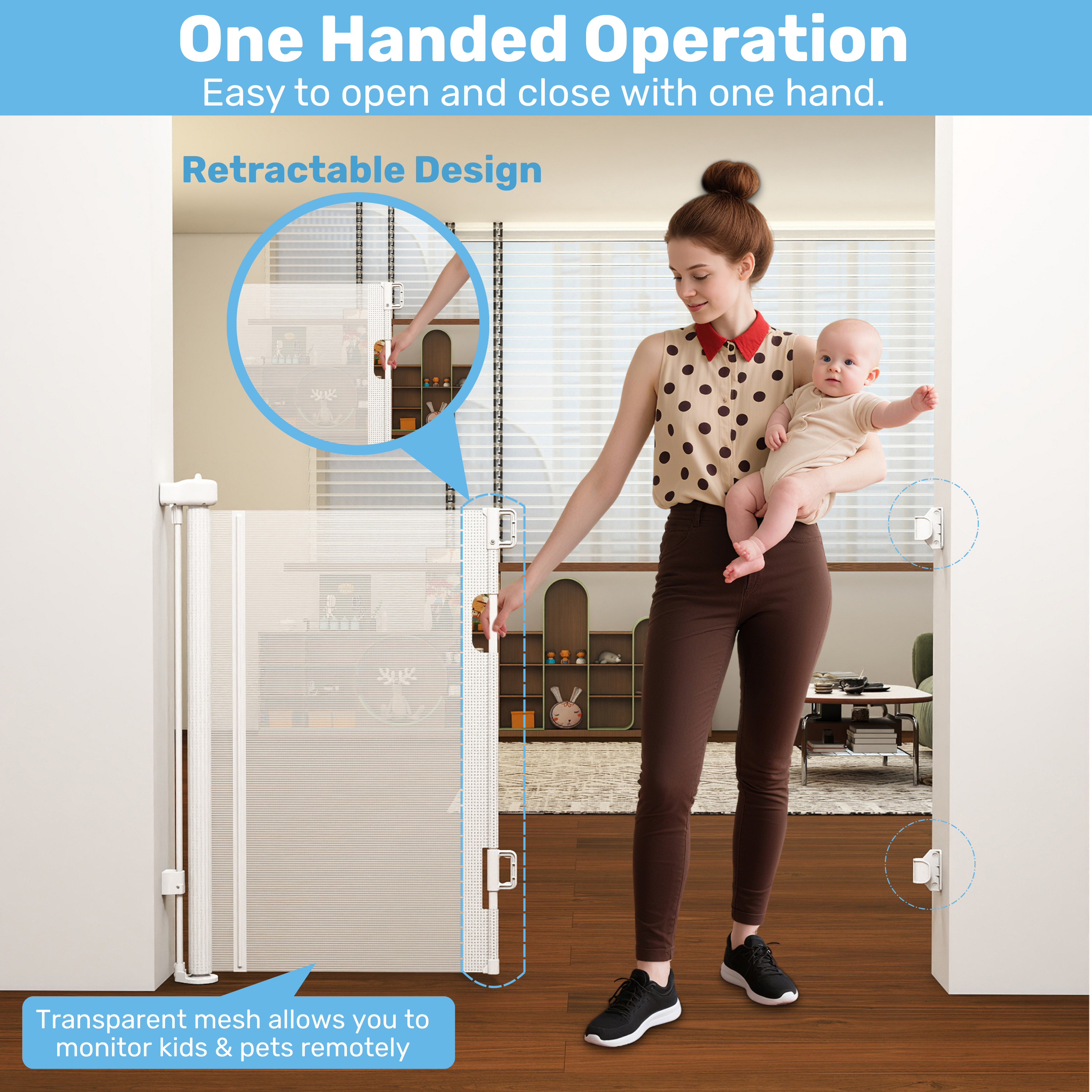 Mom holding baby closes retractable mesh baby gate one-handed, transparent mesh panel in living room doorway
