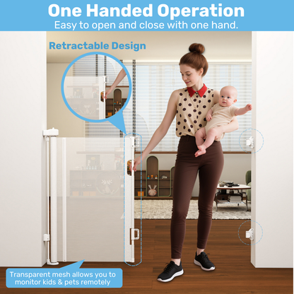 Mom holding baby closes retractable mesh baby gate one-handed, transparent mesh panel in living room doorway